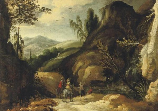 A Mountainous River Landscape With A Hunting Party Near A Waterfall Oil Painting by Joos De Momper