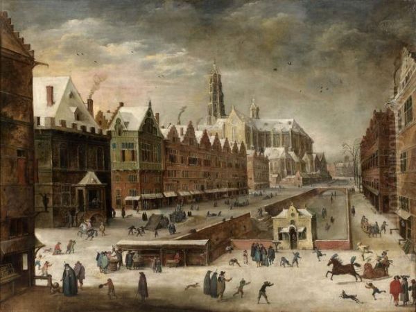 Vue Presumee D'anvers Enneigee Et Animee De Personnages Oil Painting by Joos De Momper