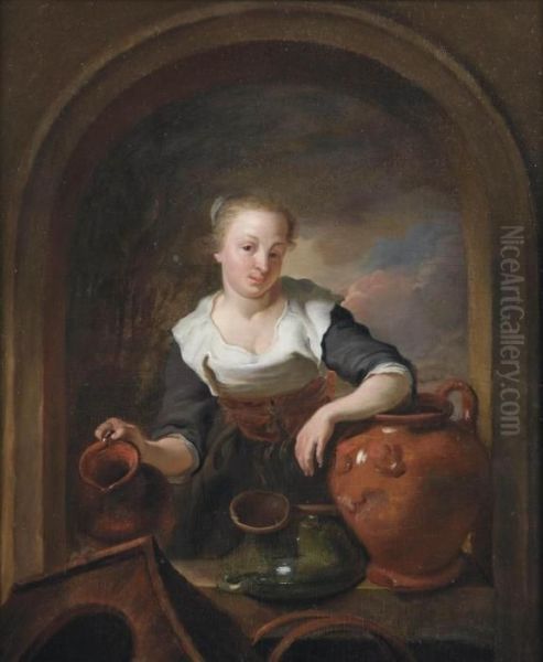 A Kitchen Maid In A Niche With A Jug And Other Earthenware Oil Painting by Louis de Moni