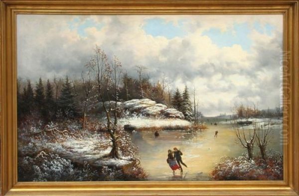 Couple Ice Skating Oil Painting by Frederick De Moucheron