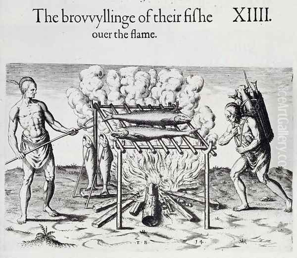 Cooking Fish, plate from A Brief and True Report of the New Found Land of Virginia by Thomas Harriot (1560-1621) pub. 1590 Oil Painting by John White