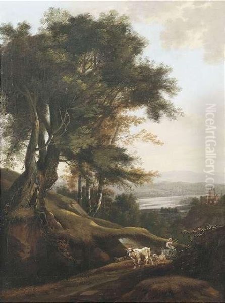 Weite Flusslandschaft Im Abendlicht Oil Painting by Frederick De Moucheron