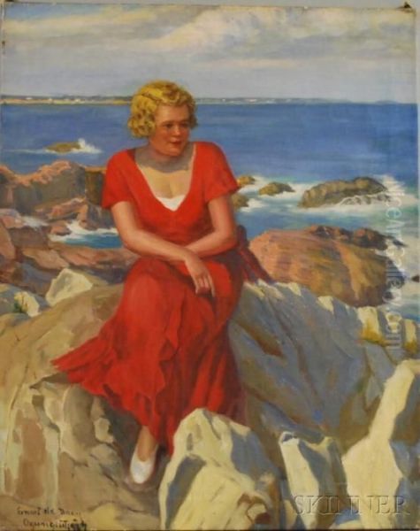 Woman Seated On A Rocky Shore, Ogunquit, Maine. Oil Painting by Ernest De Nagy