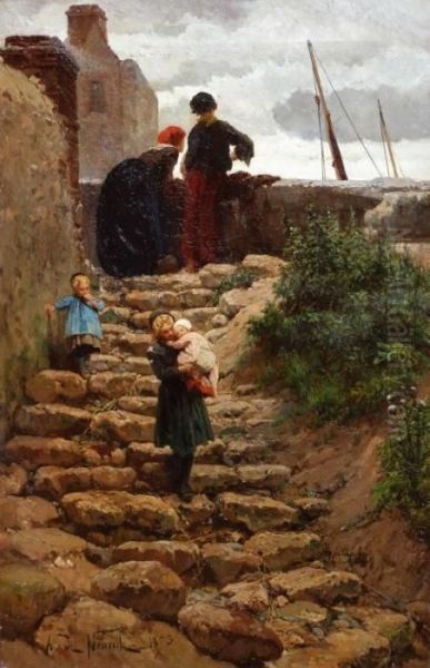 Ninos En La Escalera Oil Painting by Alphonse Marie de Neuville