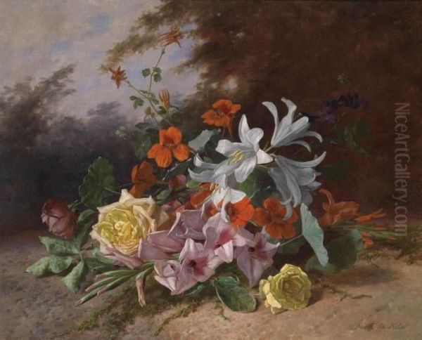 Bouquet Of Flowers With Roses Oil Painting by David Emil Joseph de Noter