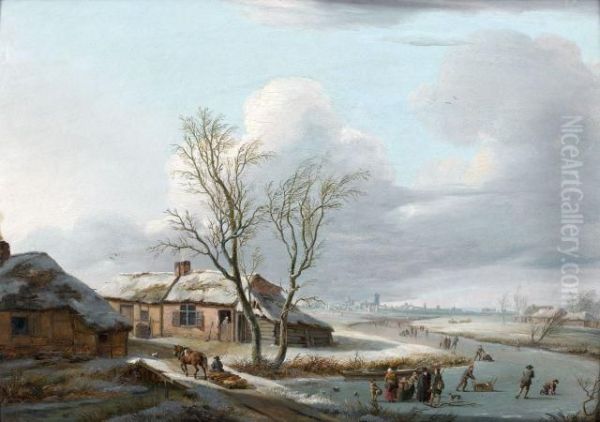 Paysage D'hiver Avec Patineurs Oil Painting by Pierre Francois de Noter