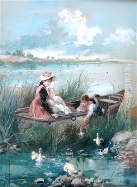 Woman And Children In A Boat With Playful Duck Oil Painting by Vicente Garcia de Paredes