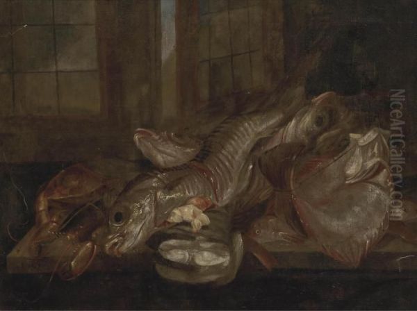 A Kitchen Interior With Fish And A Lobster Oil Painting by Pieter de Putter