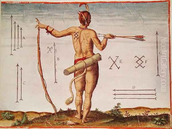 Distinctive Markings of a Warrior of Virginia, from Admiranda Narratio.., engraved by Theodore de Bry (1528-98) 1585-88 Oil Painting by John White