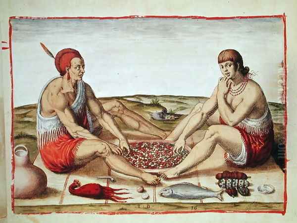 Indians eating a meal, page 77 from Admiranda Narratio..., engraved by Theodore de Bry (1528-98) 1585-88 Oil Painting by John White