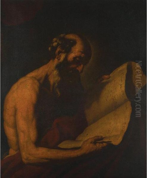 Saint Jerome Holding A Scroll Of Hebrew Scripture Oil Painting by Jusepe de Ribera