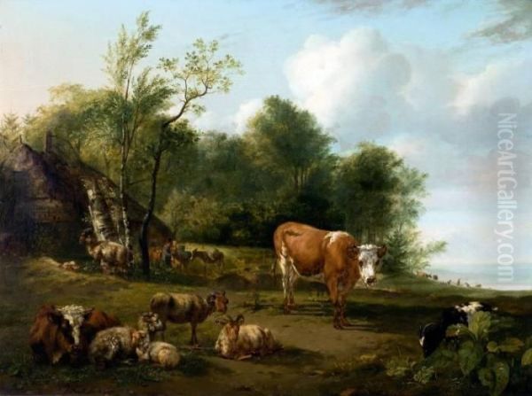 Herders Met Vee In Boomrijk Landschap Oil Painting by James De Rijk