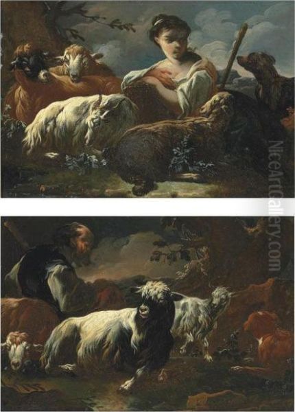 A Herdsman With Goats Resting In A Wooded Landscape Oil Painting by Gaetano De Rosa