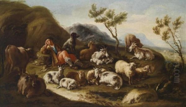 A Landscape With A Sleeping Shepherd And His Herd Oil Painting by Gaetano De Rosa