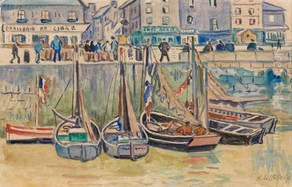 Port De Honfleur Oil Painting by Henri Lienard De Saint-Delis