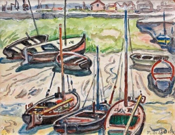 Barques A Maree Basse Dans Le Port De Honfleur by Henri Lienard De Saint-Delis