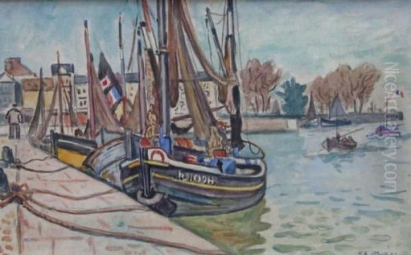 Bateaux Dans Le Port D'honfleur Oil Painting by Henri Lienard De Saint-Delis