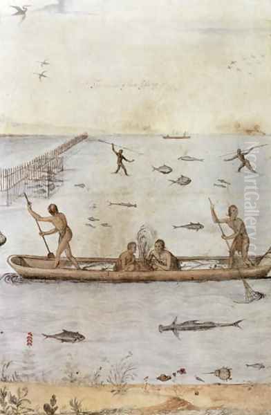 Indians Fishing Oil Painting by John White