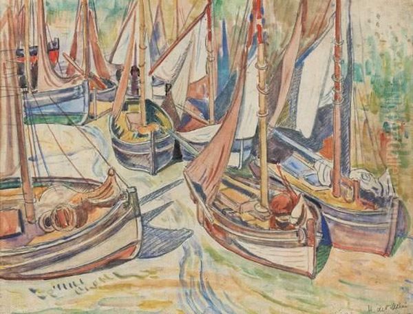  Barques De Peches Sechant Leurs Voiles Pres De Honfleur  Oil Painting by Henri Lienard De Saint-Delis