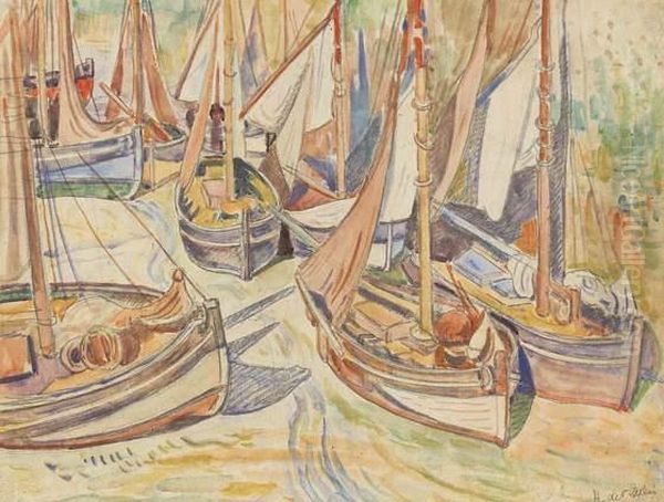 Barques De Peches Sechant Leurs Voiles Pres De Honfleur Oil Painting by Henri Lienard De Saint-Delis