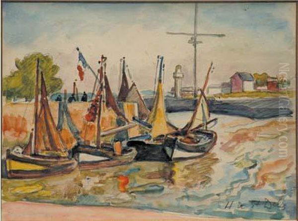 Cinq Barques A Maree Basse Oil Painting by Henri Lienard De Saint-Delis