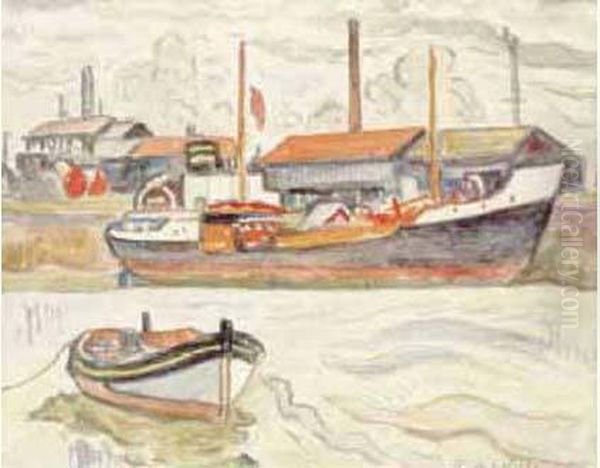 Honfleur, Bateau A Quai. Oil Painting by Henri Lienard De Saint-Delis