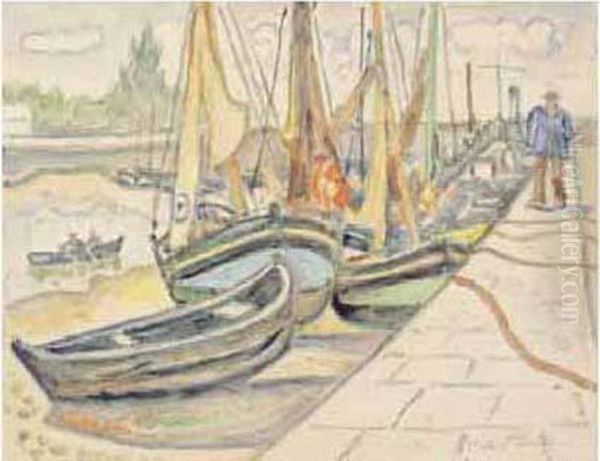 Honfleur, Voiliers A Quai A Maree Basse. Oil Painting by Henri Lienard De Saint-Delis