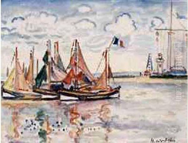 Voiliers Dans L'avant-port D'honfleur. Oil Painting by Henri Lienard De Saint-Delis