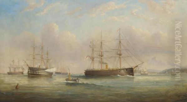 Royal Navy Ships Of The Duke Of Wellington Class Lying At Anchor At Spithead Oil Painting by de Simone Tommaso