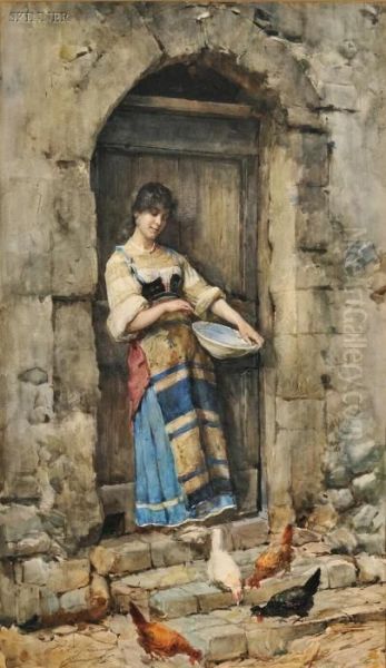 Portrait Of A Woman Feeding Chickens Oil Painting by Publio Tommasi