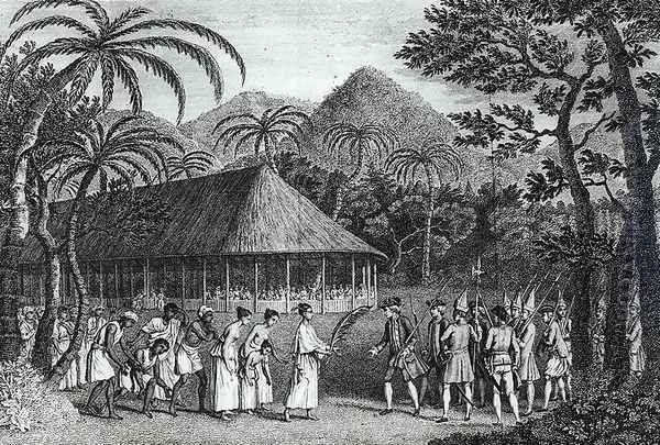 Captain Samuel Wallis (1728-1830) being received by Queen Oberea on the Island of Tahiti, from 'A Voyage to the Pacific Ocean' by James Cook (1728-79) engraved by John Hall (1739-97) Oil Painting by John Webber