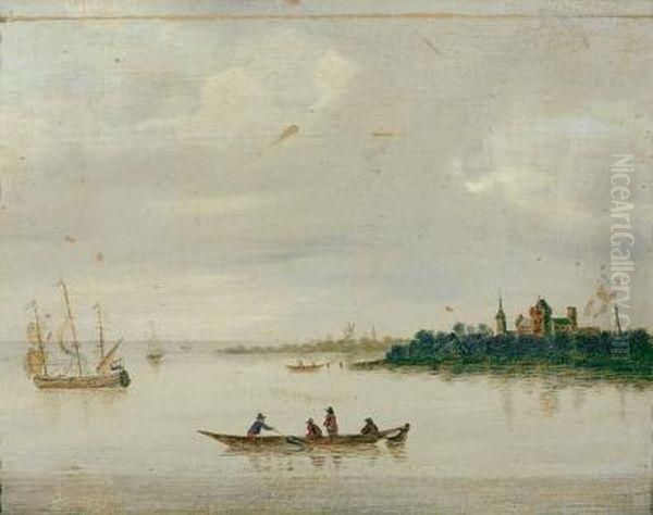 Chateau Fort Pres D'un Fleuve Ou Est Amarree Une Corvette Oil Painting by Simon De Vlieger