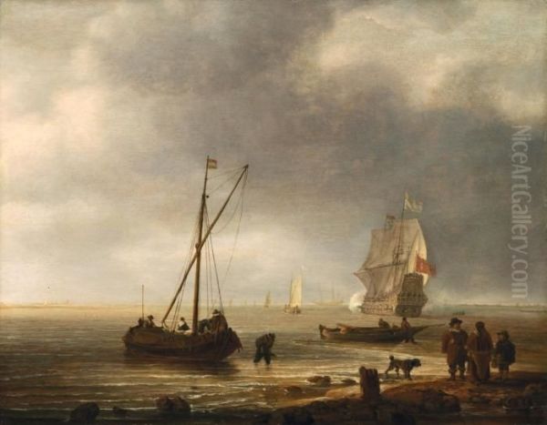 Strandansicht Mit Segelschiff Und Booten Oil Painting by Simon De Vlieger