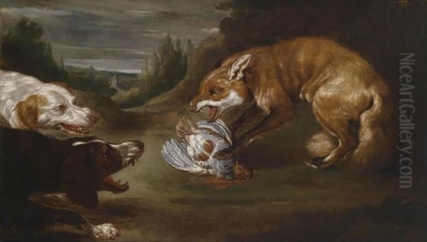 Two Hounds Chasing A Fox With A Dead Partridge Oil Painting by Paul de Vos