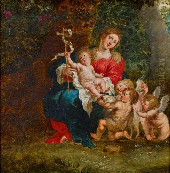 Vierge A L'enfant Avec Saint Jean-baptiste Et Les Anges Oil Painting by Simon de Vos