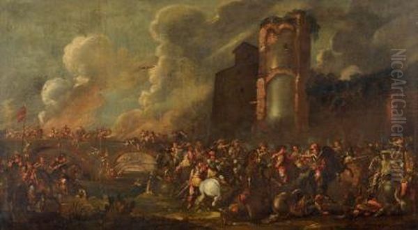 Choc De Cavalerie Pres D'une Tour En Ruine Oil Painting by Cornelis de Wael