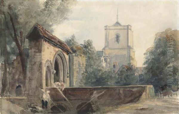 Waltham Abbey, Essex With Inscription 'waltham Abbey' Oil Painting by Peter de Wint