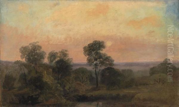 A Wooded Landscape At Dusk Oil On Millboard Oil Painting by Peter de Wint