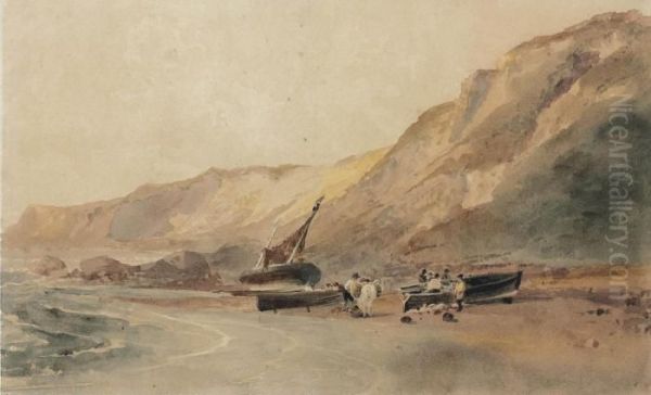 Fishermen Bringing In The Catch, Ventnor, Isle Of Wight Oil Painting by Peter de Wint