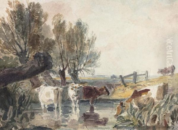 Cattle Watering At A Ford Oil Painting by Peter de Wint