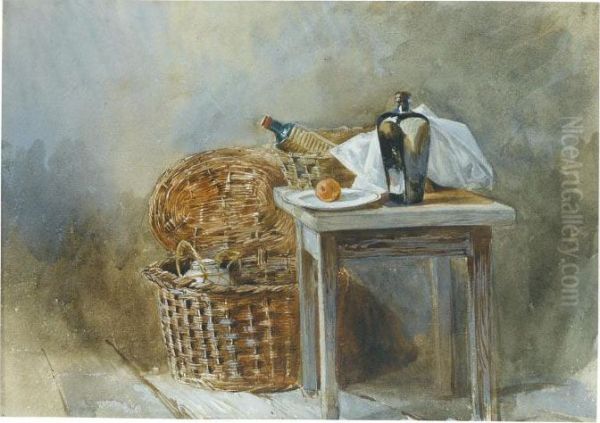 Still Life With Baskets And Bottles On A Table Oil Painting by Peter de Wint