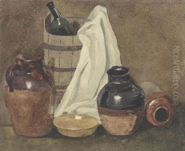 Still Life With A Wooden Pail 
And Stoneware Vessels Pencil And Watercolour With Scratching Out 6 1/8 X
 7.3.8 In Oil Painting by Peter de Wint