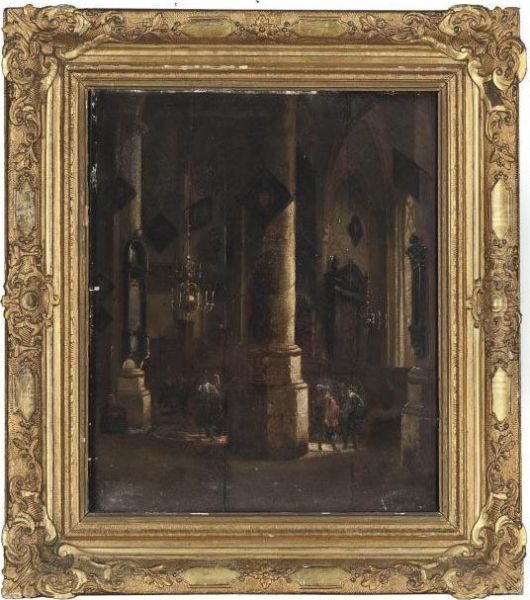 A Church Interior With Figures Conversing Oil Painting by Emanuel de Witte