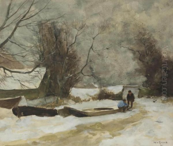 Figures On A Frozen Canal Oil Painting by Willem de Zwart