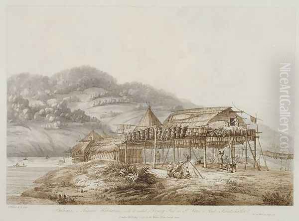 Balagans or Summer Habitations, with the Method of Drying Fish at St. Peter and Paul, Kamtschatka, from Views in the South Seas, pub. 1792 Oil Painting by John Webber