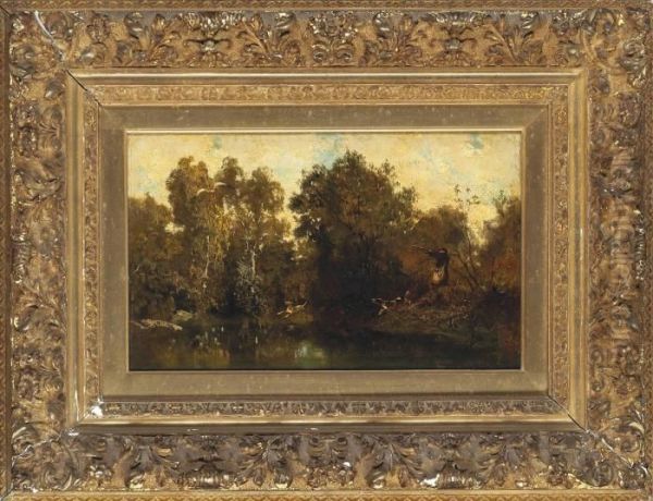 Shooting At A Woodland Pool Oil Painting by Alexandre Gabriel Decamps