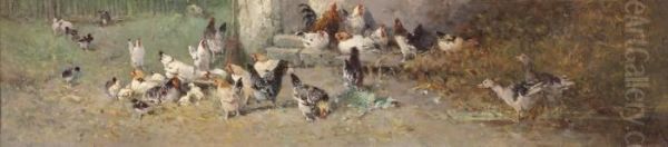 Chickens In A Yard Oil Painting by Alexandre Defaux