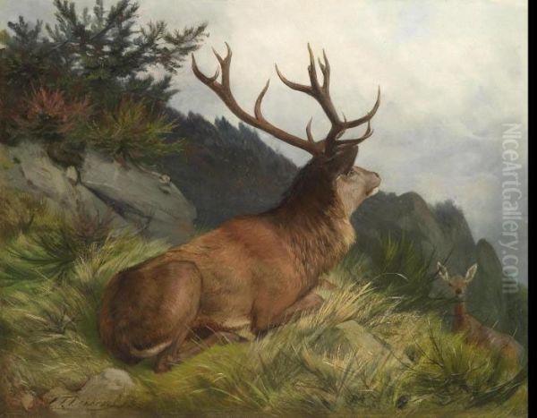 Stag In A Landscape Oil Painting by Carl Friedrich Deiker