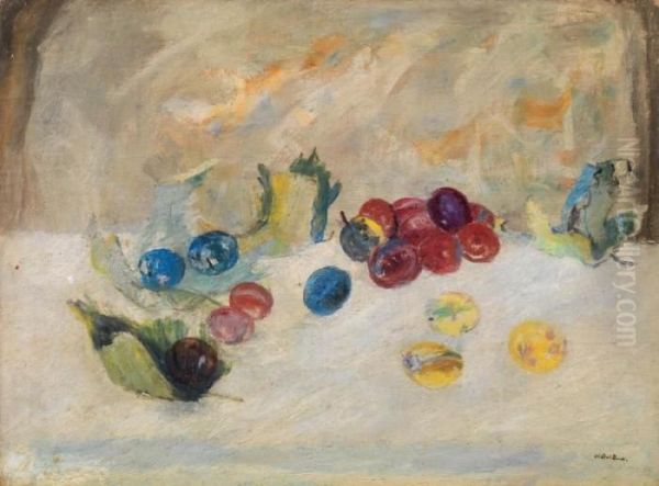 Foglie E Frutta Sul Tavolo Oil Painting by Angelo Del Bon