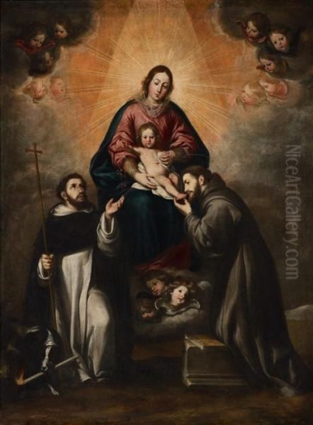 Madonna Mit Kind Und Den Heiligen Dominikus Und Franziskus Oil Painting by Antonio Del Castillo Y Saavedra